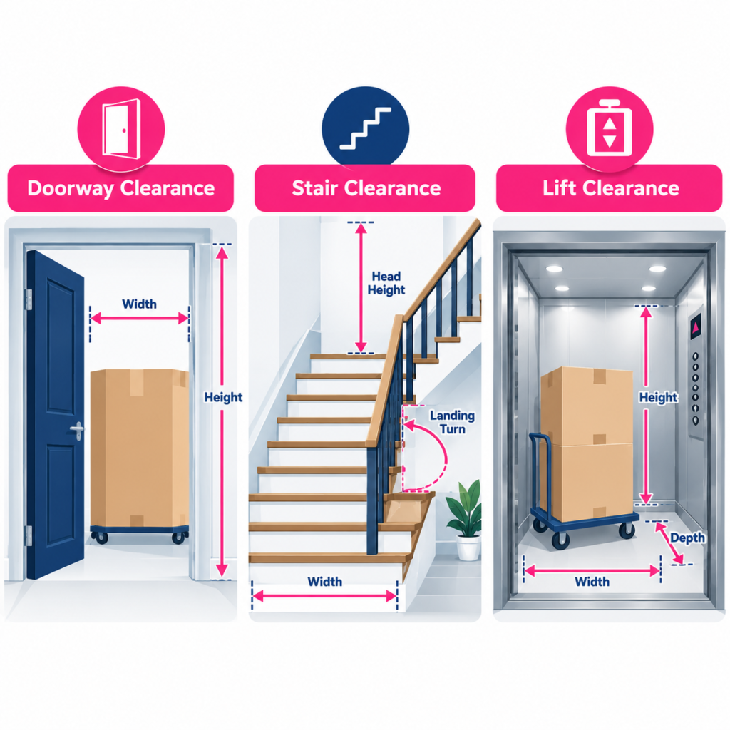 Moving crates Sydney access guide by Six Brothers Removalists showing doorway, stair and lift clearance measurements.