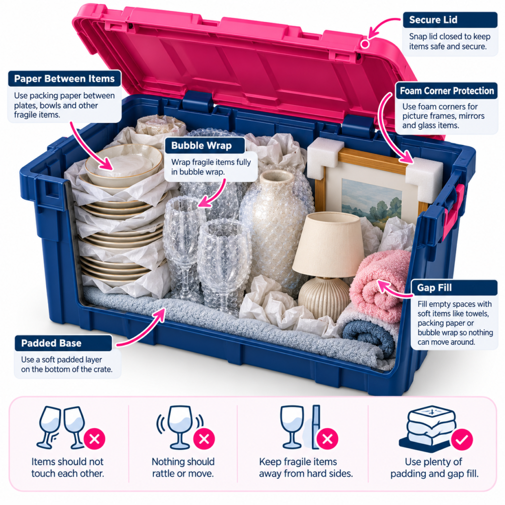Moving crates Sydney guide by Six Brothers Removalists showing fragile items protected with bubble wrap, foam and padding.