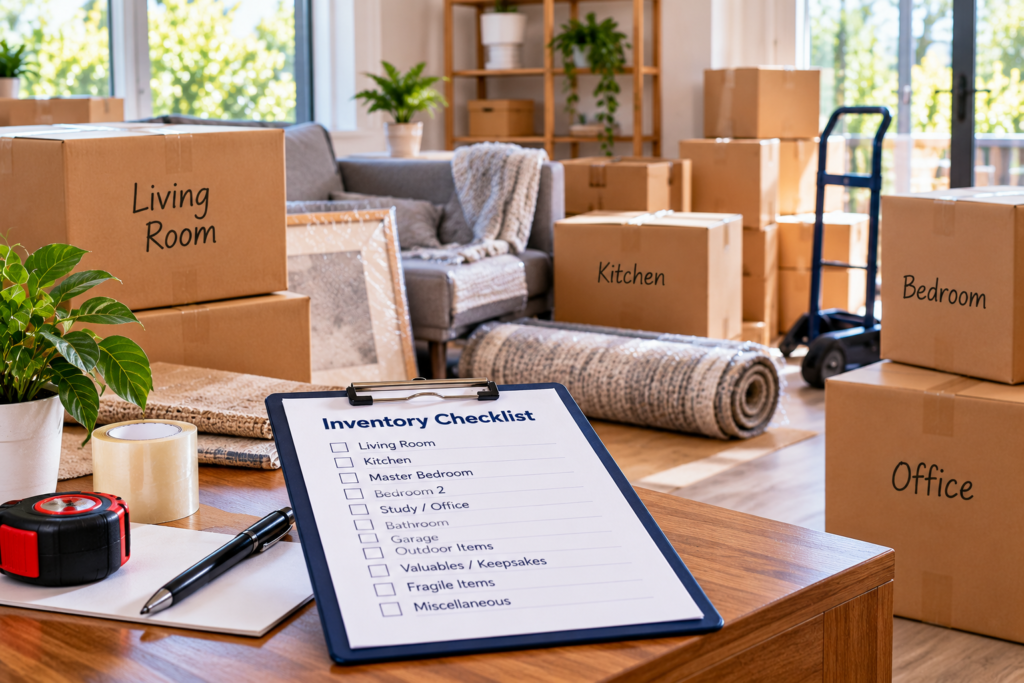 Moving house after 20 years with Six Brothers Removalists, labelled boxes and an inventory checklist.