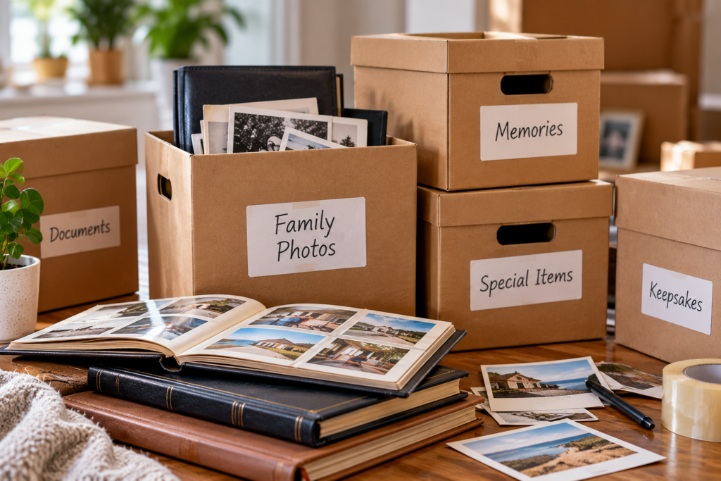 Moving house after 20 years with Six Brothers Removalists, organising labelled archival boxes and family photo albums.