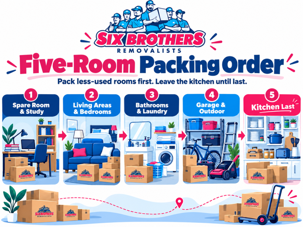 Moving house checklist Sydney by Six Brothers Removalists showing a five-room packing order illustration.