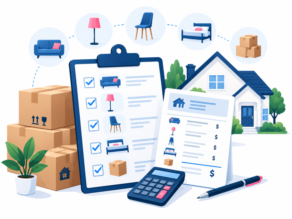 Moving house checklist Sydney illustration by Six Brothers Removalists showing a house inventory sheet, quote checklist and packing boxes.