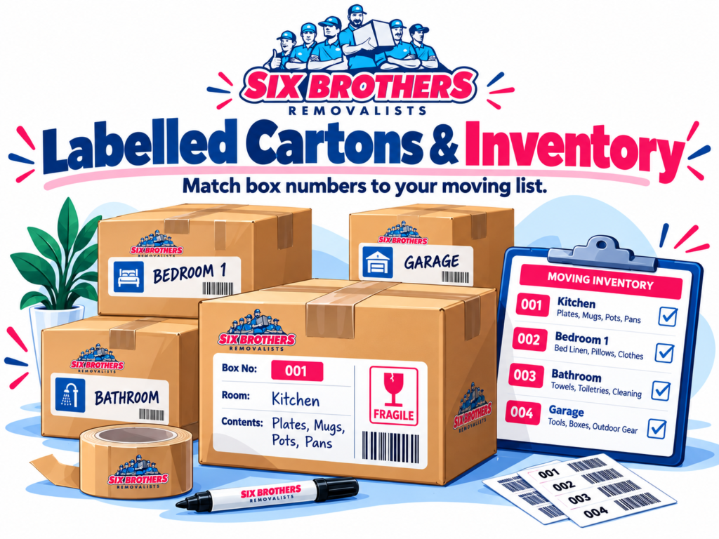 Moving house checklist Sydney by Six Brothers Removalists showing labelled cartons and a numbered moving inventory list.