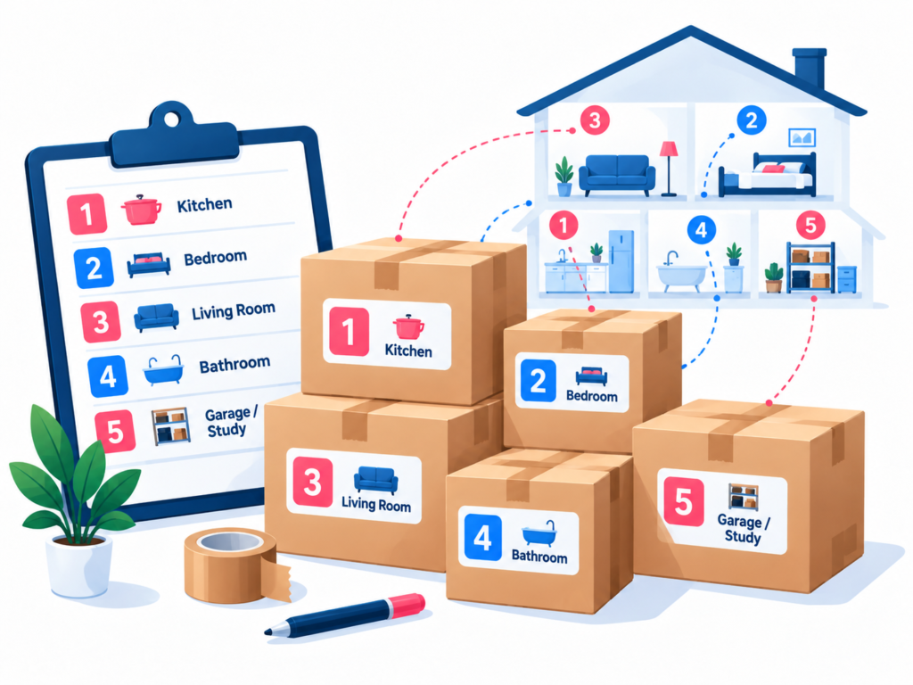 Moving house checklist Sydney by Six Brothers Removalists showing numbered cartons matched to room labels in a house.