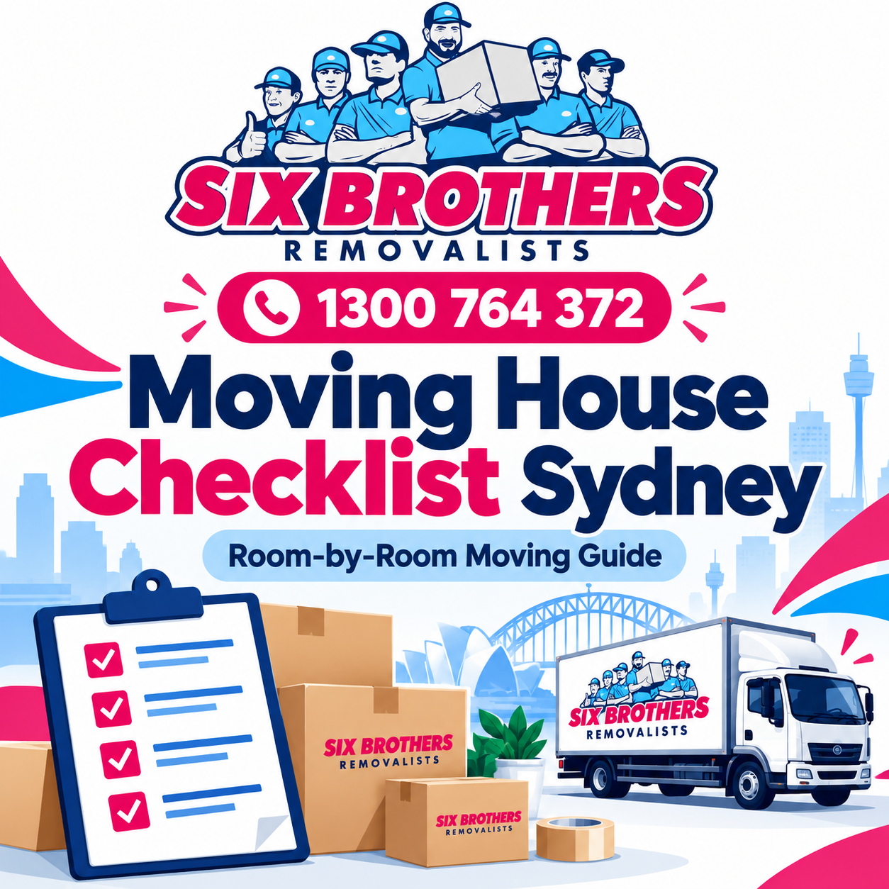 Moving house checklist Sydney by Six Brothers Removalists, featuring packing boxes, a checklist and a moving truck.