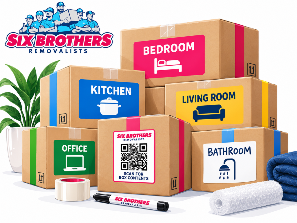 Moving house checklist for working couples with colour-coded cartons and QR labels by Six Brothers Removalists
