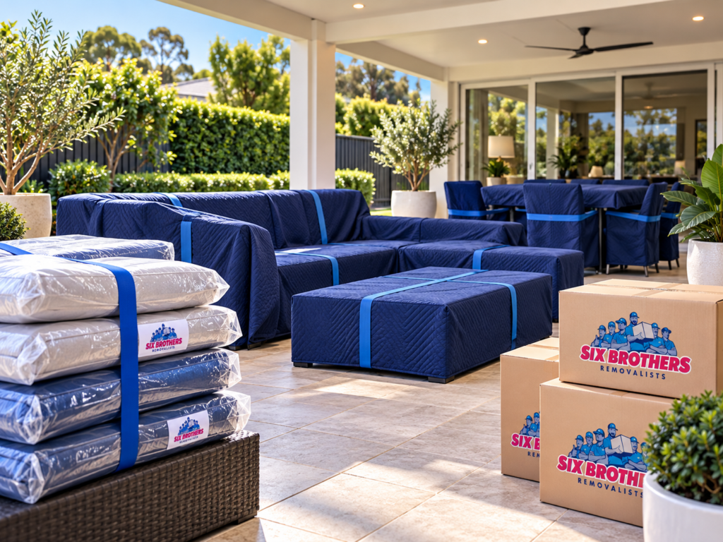 Moving house garden checklist by Six Brothers Removalists showing covered outdoor furniture in a dry staging area.