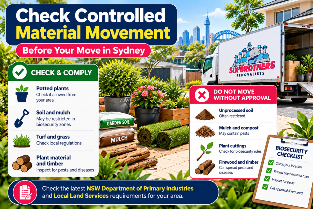 Moving house garden checklist infographic by Six Brothers Removalists showing NSW biosecurity checks for plants and soil.