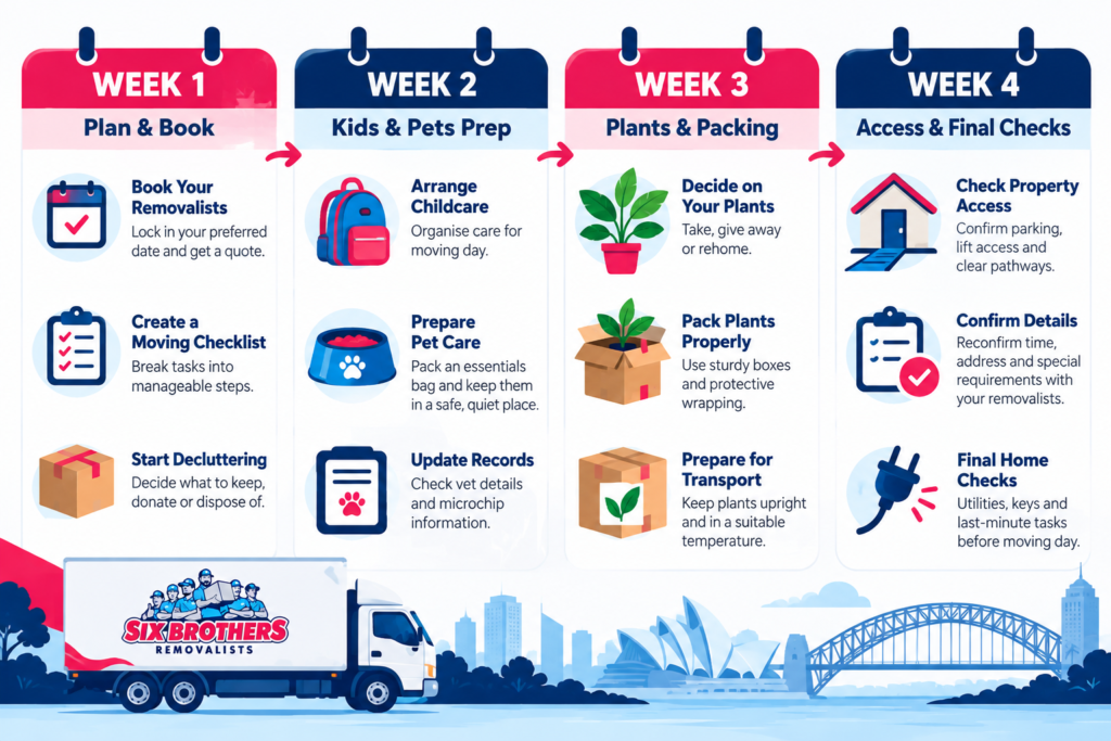 Moving house with pets, kids and plants in Sydney: four-week calendar by Six Brothers Removalists