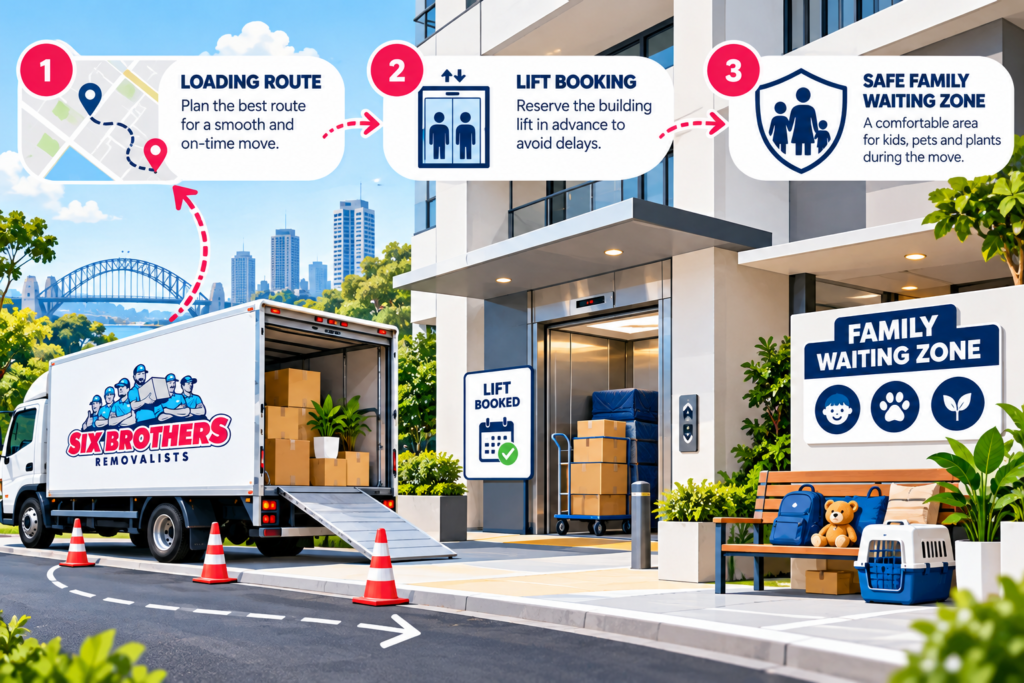 Moving house with pets, kids and plants in Sydney with loading route, lift booking and safe waiting zone by Six Brothers Removalists