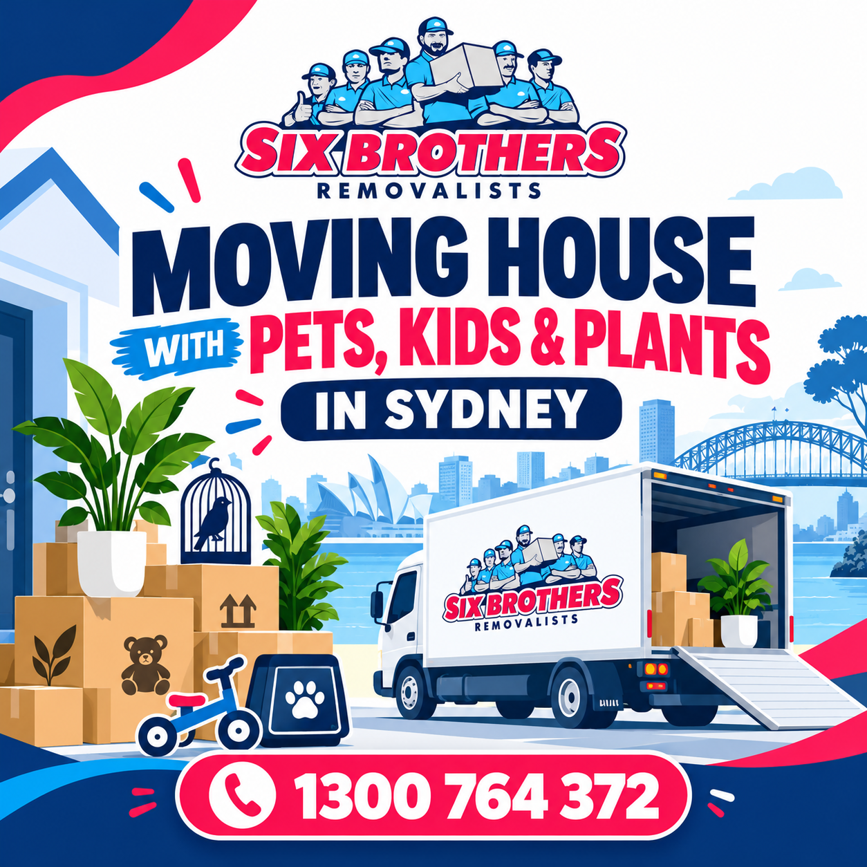 Moving house with pets, kids and plants in Sydney with Six Brothers Removalists truck and moving icons
