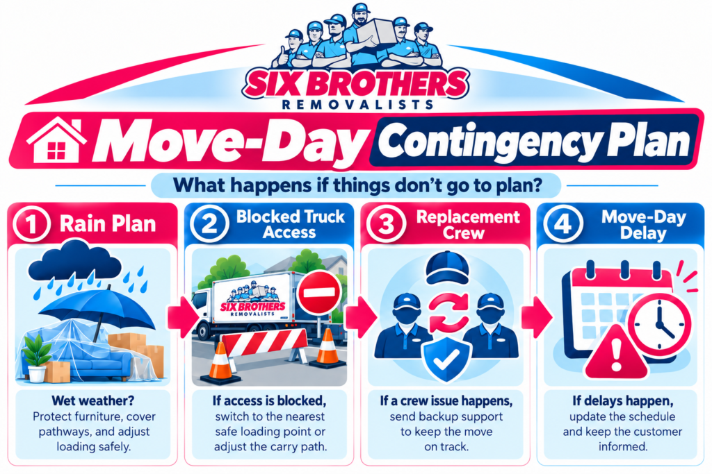 North Shore house removalist contingency plan by Six Brothers Removalists for rain, blocked access, crew and move delays.