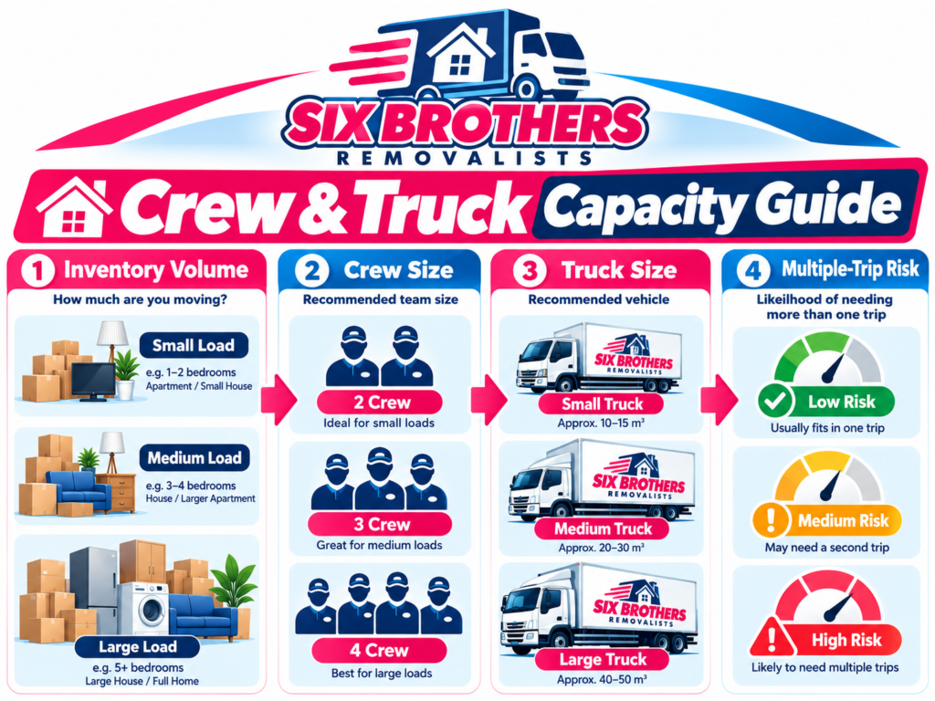 North Shore house removalist crew and truck capacity guide by Six Brothers Removalists showing load size and trip risk.