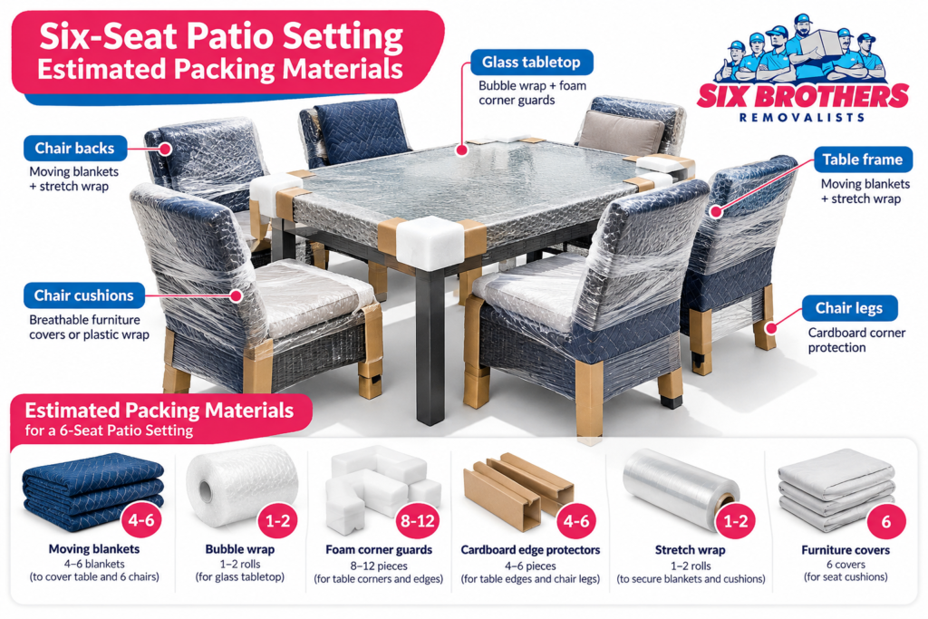 Outdoor Furniture Wrapping Materials for Sydney Heat by Six Brothers Removalists, showing a six-seat patio packing guide