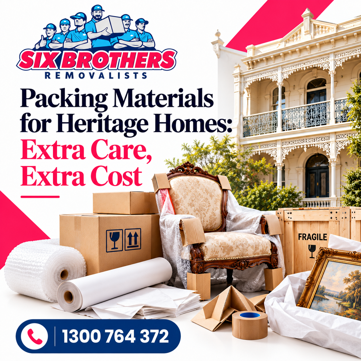 Packing materials for heritage homes by Six Brothers Removalists, featuring antique furniture, crates and protective wraps.