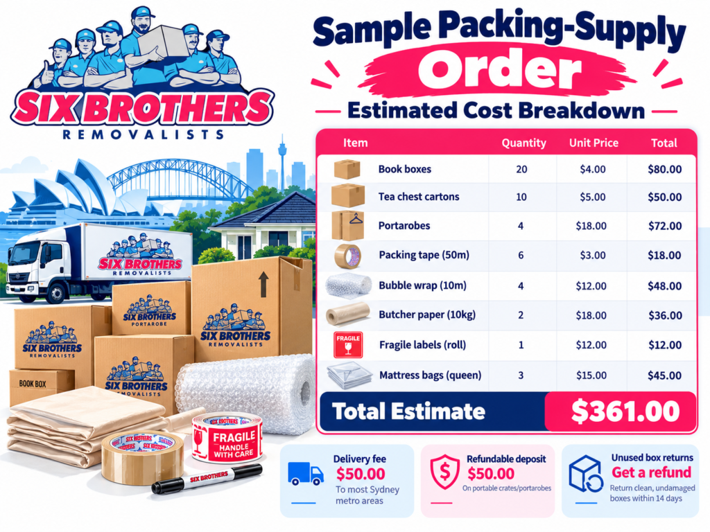 Sample packing supplies for moving house cost breakdown infographic by Six Brothers Removalists in Sydney.