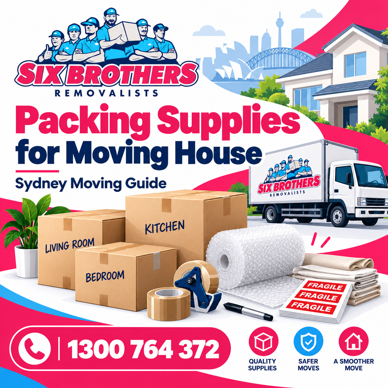 Packing supplies for moving house featured image with boxes, tape and Six Brothers Removalists truck in Sydney.