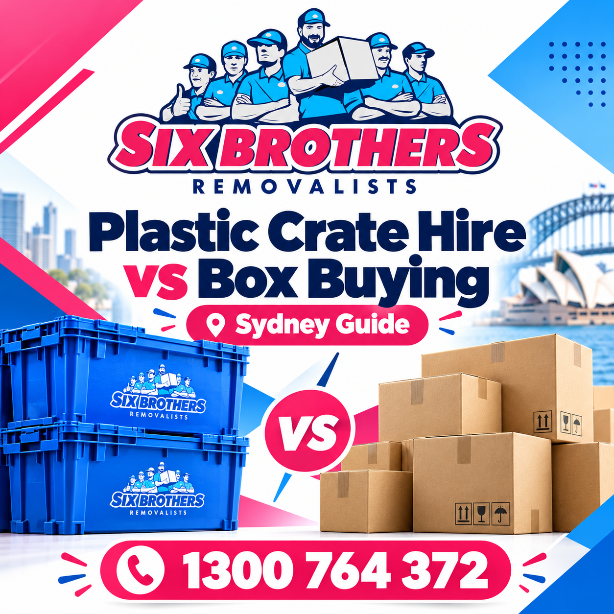 Plastic crate hire vs box buying Sydney comparison graphic by Six Brothers Removalists featuring crates and boxes