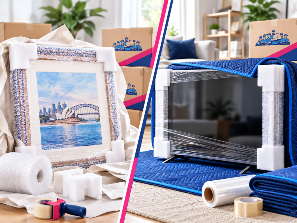 Premium packing services Sydney showing protected artwork and a wrapped TV by Six Brothers Removalists