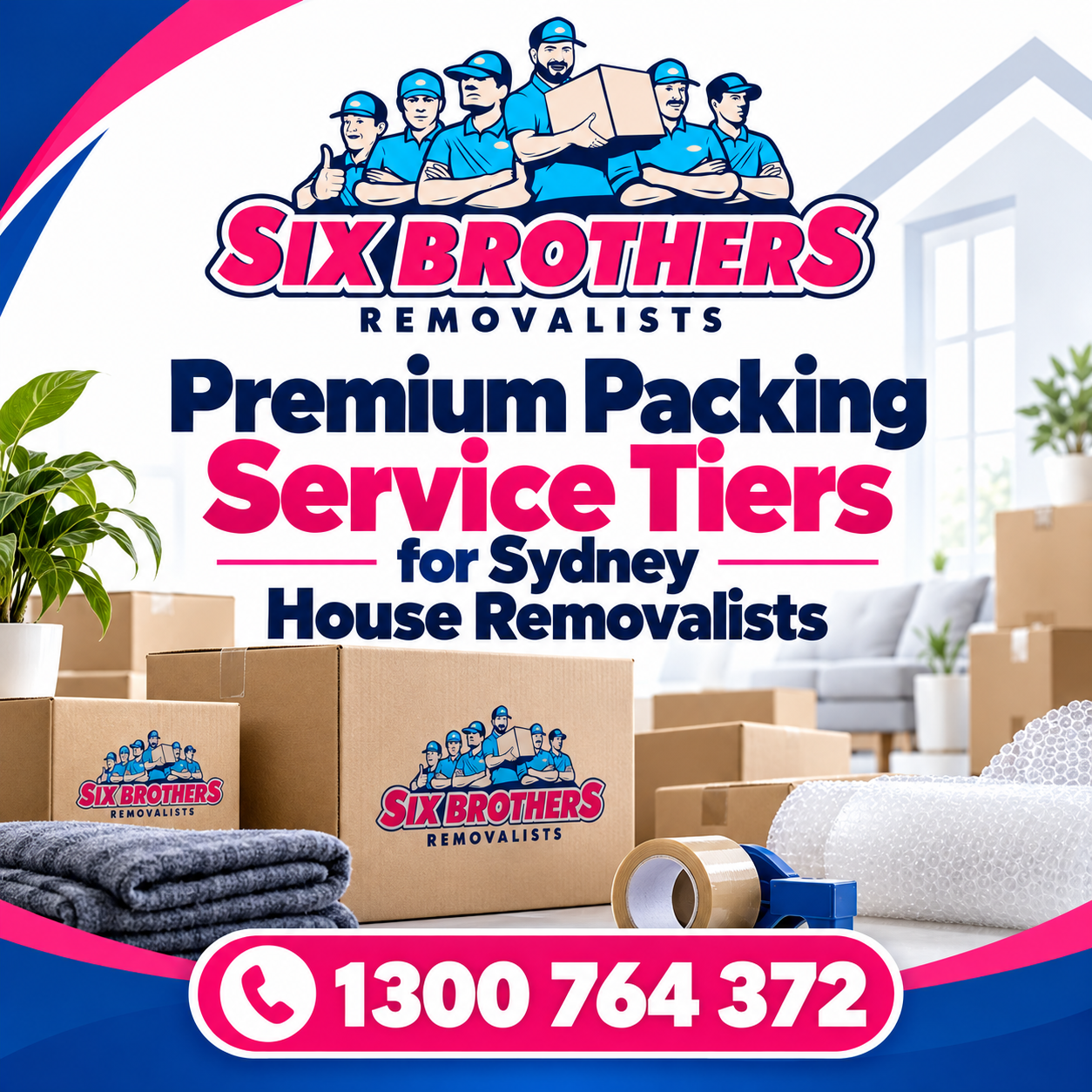 Premium packing services Sydney featured image with moving boxes and supplies by Six Brothers Removalists