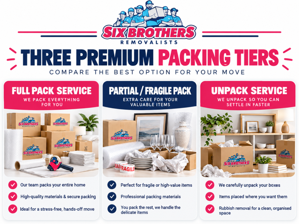 Premium packing services Sydney comparison of full, fragile-only and unpacking tiers by Six Brothers Removalists