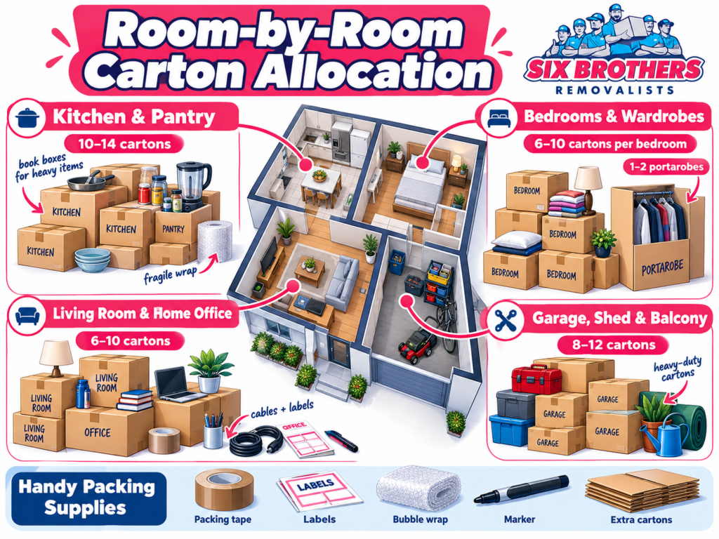 Room-by-room carton allocation diagram for packing supplies for moving house by Six Brothers Removalists in Sydney.