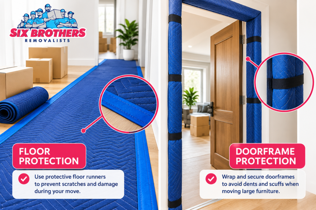 Six month moving house checklist by Six Brothers Removalists showing protective floor runners and padded doorframes