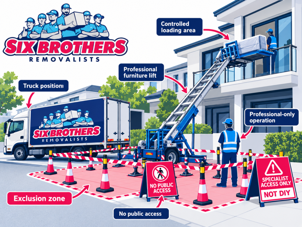 Six Brothers Removalists illustration of packing equipment for multi-storey houses with an external lift exclusion zone.