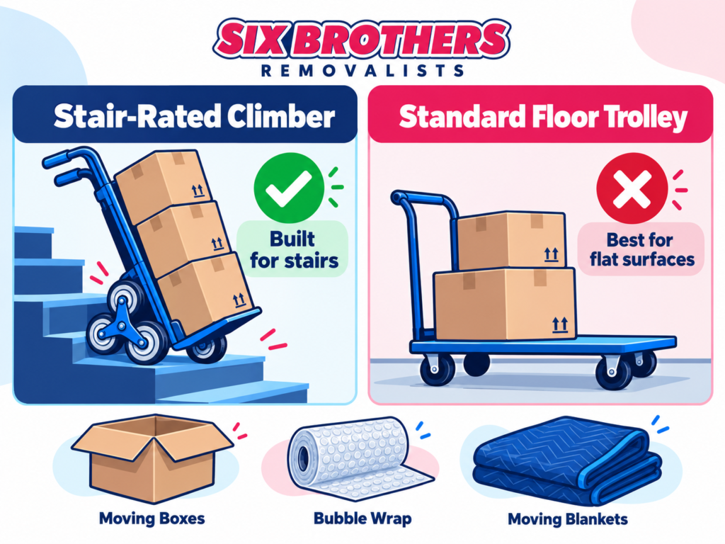 Packing equipment for multi-storey houses by Six Brothers Removalists comparing a stair-rated climber and floor trolley.
