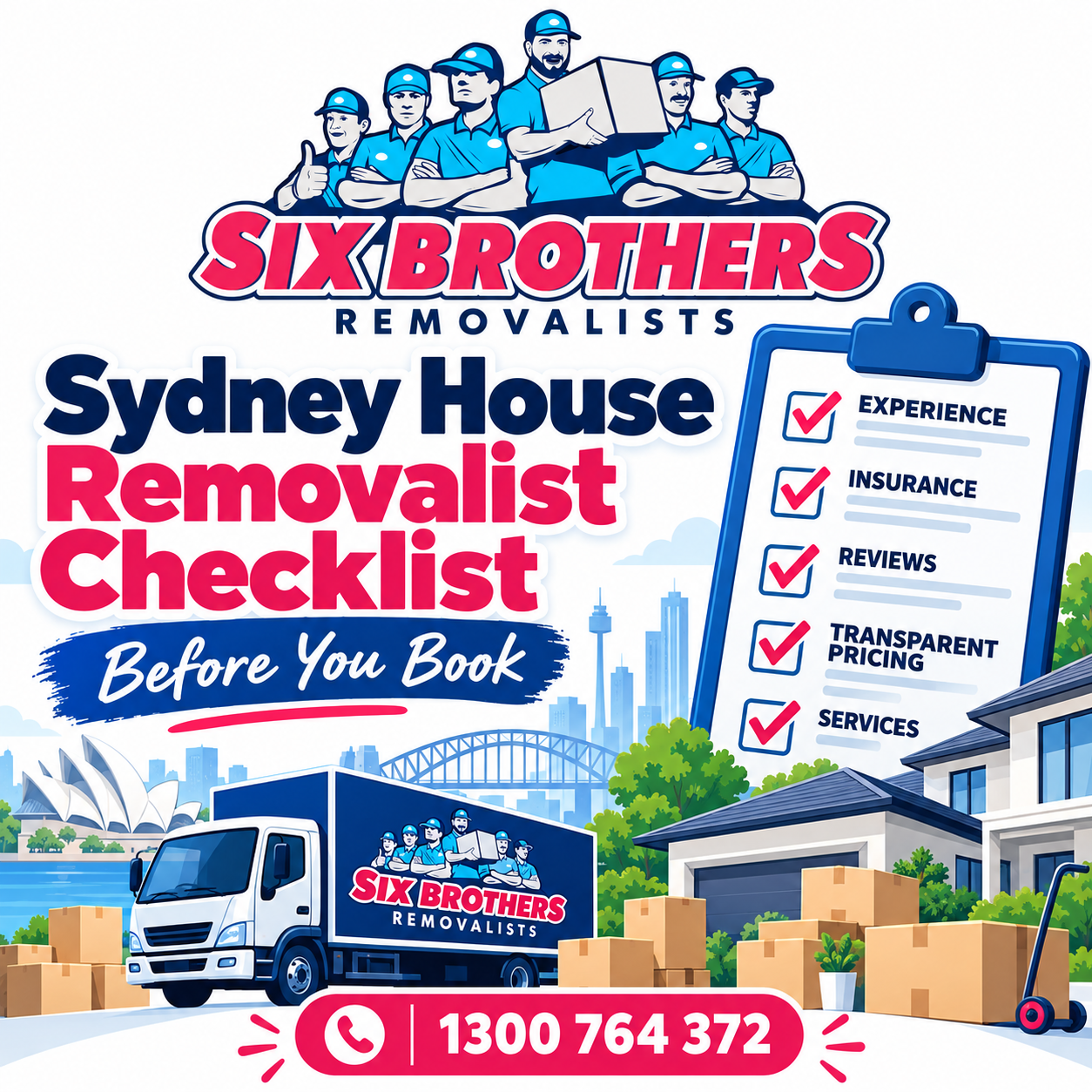 Sydney house removalist checklist featured image by Six Brothers Removalists with truck, checklist and phone number.