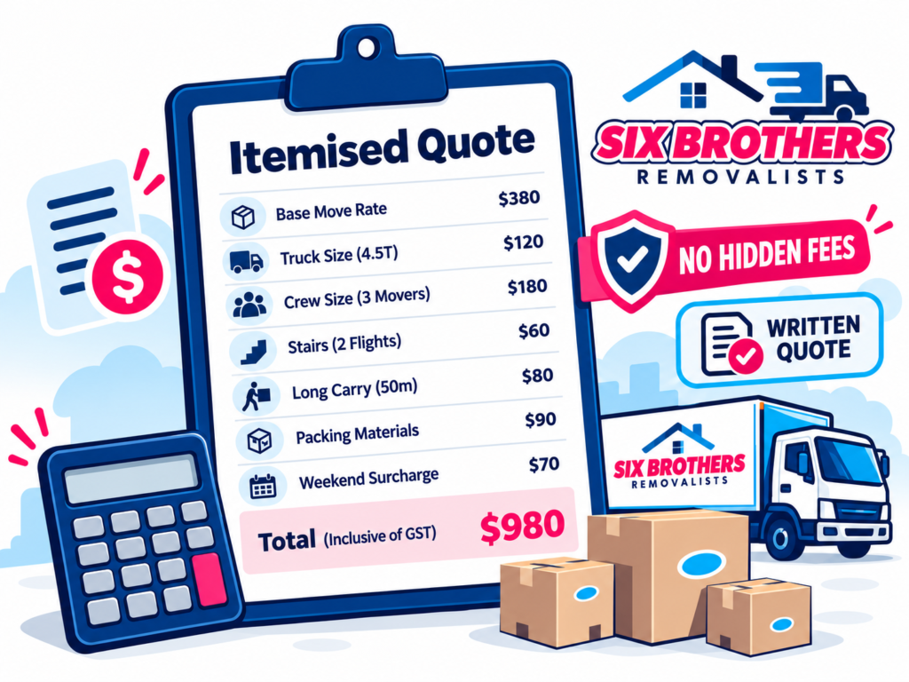 Sydney house removalist checklist itemised quote illustration by Six Brothers Removalists with pricing icons and quote details.