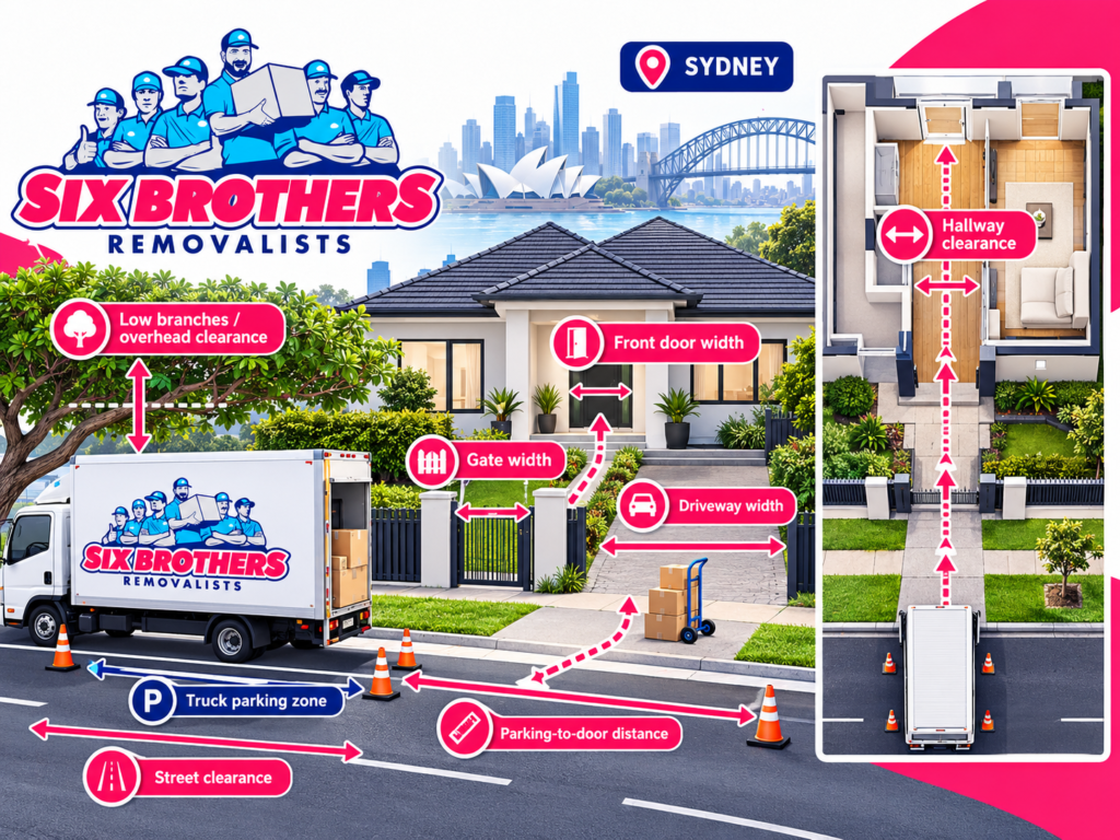 Sydney house removalist equipment checklist access diagram by Six Brothers Removalists showing driveway, gate and hallway clearance.