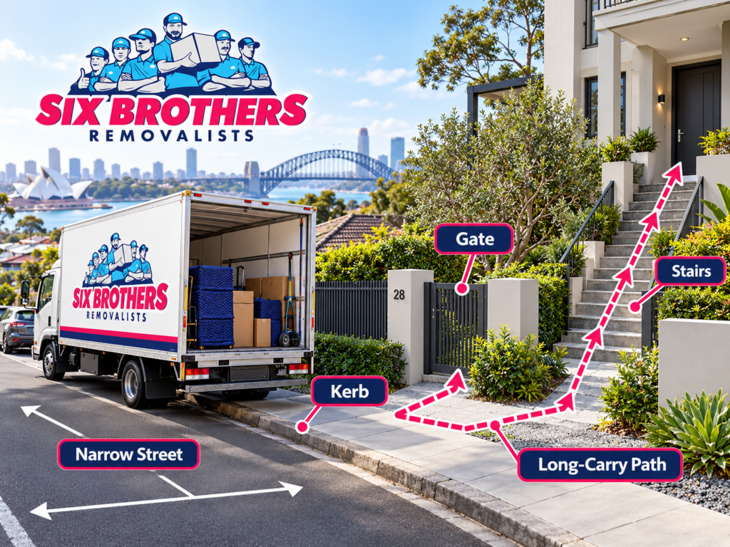 Sydney house removalist experience access diagram by Six Brothers Removalists showing kerb, narrow street, gate and stairs.