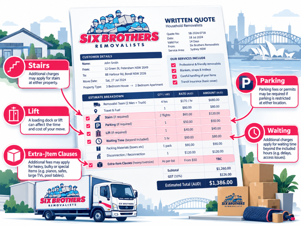 Sydney house removalist experience quote by Six Brothers Removalists showing stairs, parking, lift and waiting clauses.
