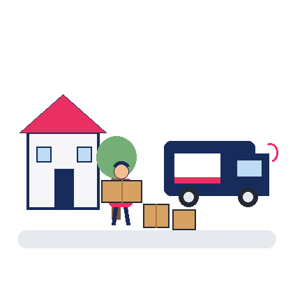 Sydney removalist crew size animation by Six Brothers Removalists showing a mover, boxes, house and moving truck.