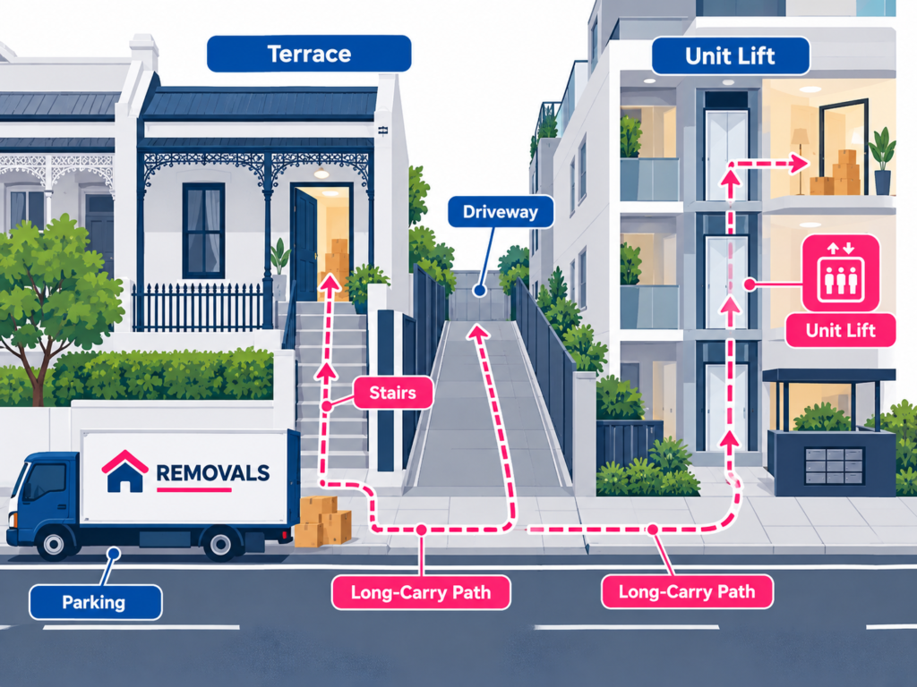 Sydney removalist crew size diagram by Six Brothers Removalists showing stairs, lift, driveway, parking and long carries.