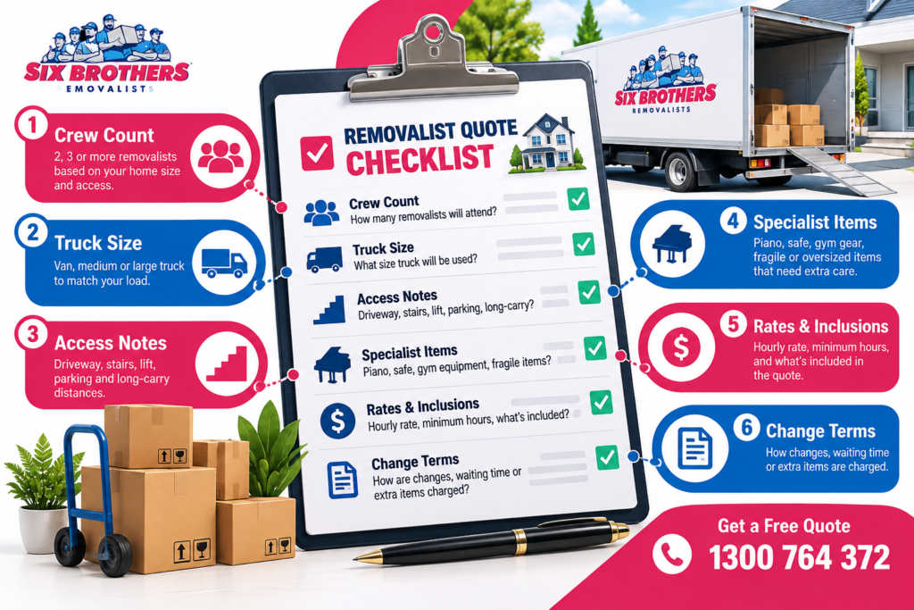 Sydney removalist crew size checklist by Six Brothers Removalists covering crew count, truck size, access and rates.