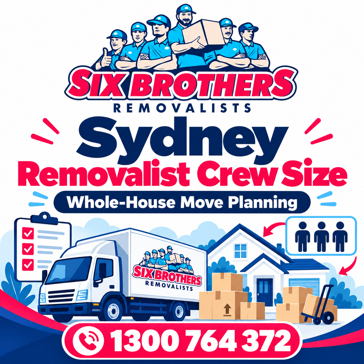 Sydney removalist crew size graphic by Six Brothers Removalists with truck, house, boxes and crew icons.