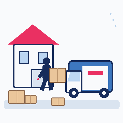 Animated GIF showing packing supplies for moving house with boxes, a removalist and Six Brothers Removalists truck.