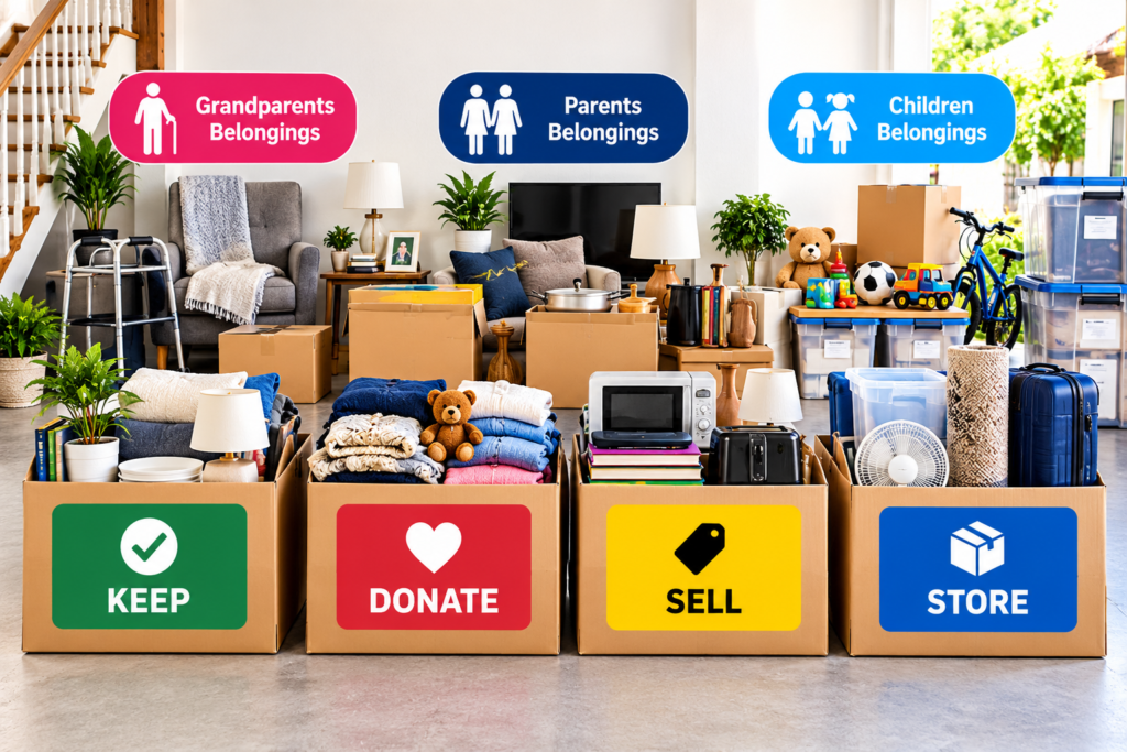 Three-generation house removal sorting boxes for keep, donate, sell and store by Six Brothers Removalists