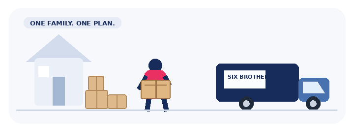 Animated three-generation house removal with a removalist carrying a box to a truck for Six Brothers Removalists