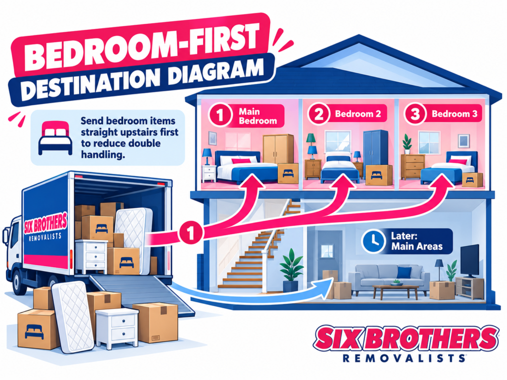 Two-storey house moving plan Sydney bedroom-first destination diagram by Six Brothers Removalists
