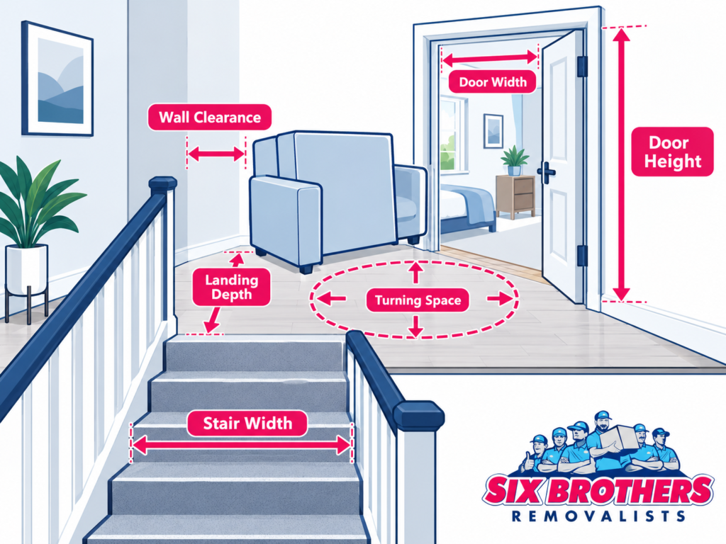 Two-storey house moving plan Sydney showing narrow landing and door measurements by Six Brothers Removalists