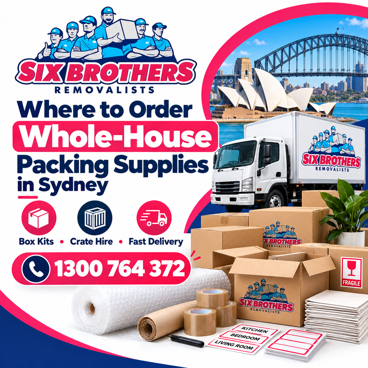 Where to order whole-house packing supplies in Sydney – Six Brothers Removalists featured image with boxes and truck