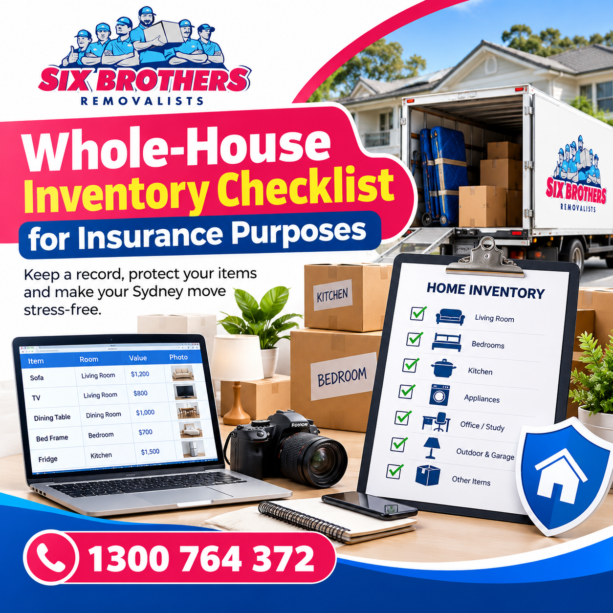 Whole-house inventory checklist for insurance purposes by Six Brothers Removalists with moving boxes and checklist.