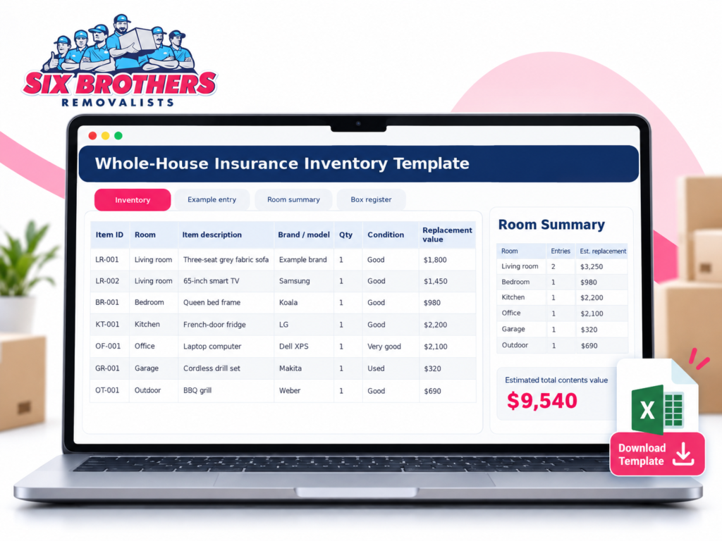 Whole-house inventory checklist for insurance purposes by Six Brothers Removalists showing an editable spreadsheet.