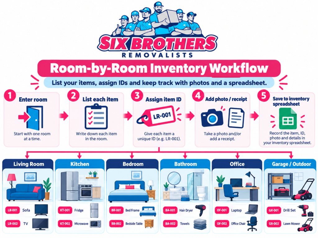 Room-by-room whole-house inventory checklist for insurance purposes by Six Brothers Removalists with item IDs.