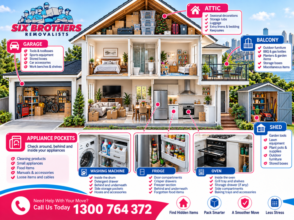 Whole-house move checklist Sydney cutaway by Six Brothers Removalists showing garage, shed, balcony, attic and appliance pockets.