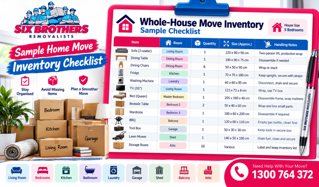Whole-house move checklist Sydney by Six Brothers Removalists with item, room, quantity, size and handling columns.