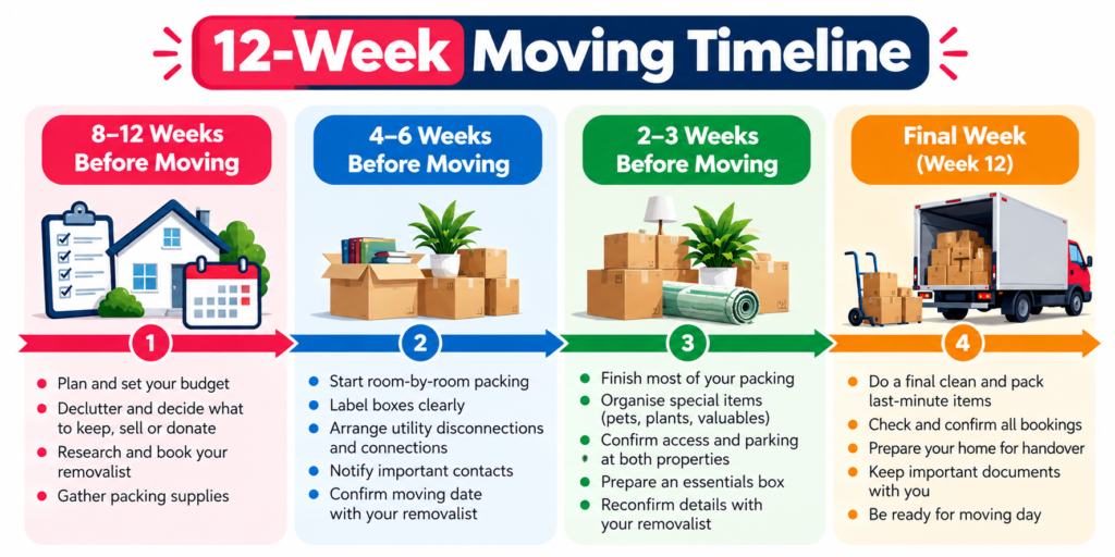 Whole-house moving guide for owner-occupiers showing a 12-week moving timeline by Six Brothers Removalists.